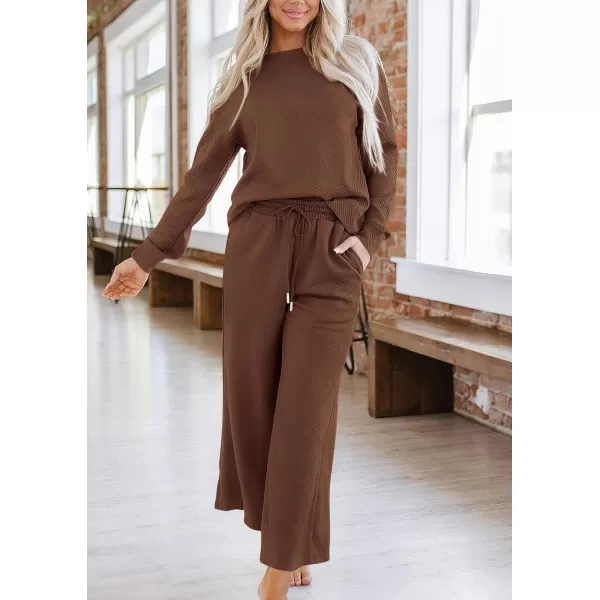 PRETTYGARDEN Womens 2 Piece Outfits Fall Casual Long Sleeve Pullover Tops and Wide Leg Pants Knitted Lounge SetsBrown