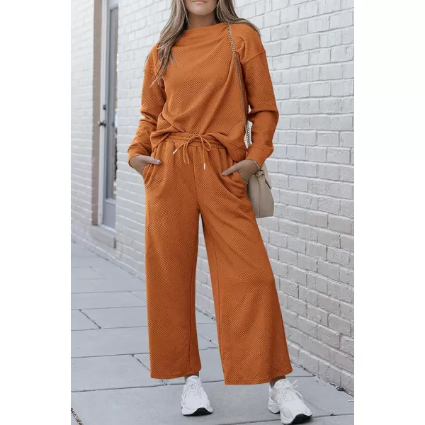 PRETTYGARDEN Womens 2 Piece Outfits Fall Casual Long Sleeve Pullover Tops and Wide Leg Pants Knitted Lounge SetsBrown Orange