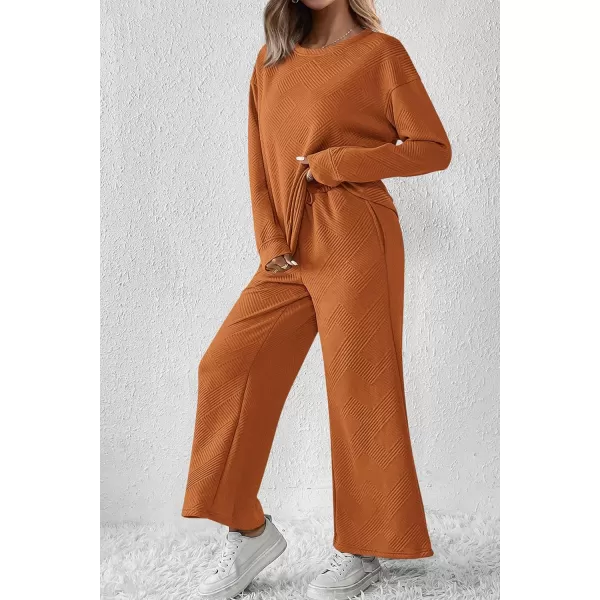 PRETTYGARDEN Womens 2 Piece Outfits Fall Casual Long Sleeve Pullover Tops and Wide Leg Pants Knitted Lounge SetsBrown Orange