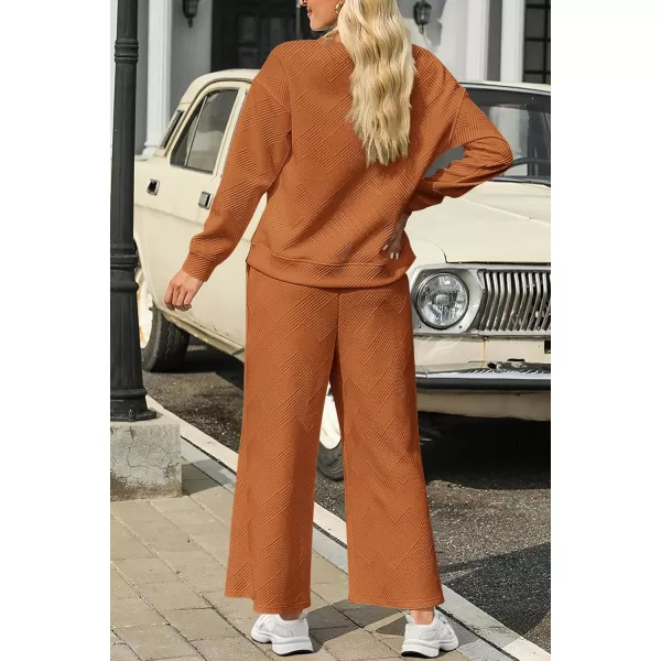 PRETTYGARDEN Womens 2 Piece Outfits Fall Casual Long Sleeve Pullover Tops and Wide Leg Pants Knitted Lounge SetsBrown Orange
