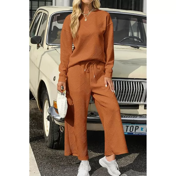 PRETTYGARDEN Womens 2 Piece Outfits Fall Casual Long Sleeve Pullover Tops and Wide Leg Pants Knitted Lounge SetsBrown Orange