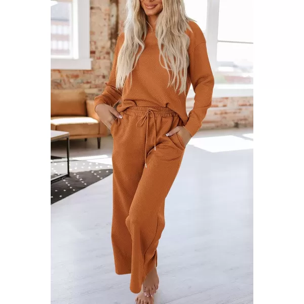 PRETTYGARDEN Womens 2 Piece Outfits Fall Casual Long Sleeve Pullover Tops and Wide Leg Pants Knitted Lounge SetsBrown Orange