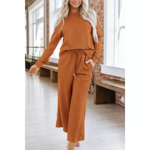 PRETTYGARDEN Womens 2 Piece Outfits Fall Casual Long Sleeve Pullover Tops and Wide Leg Pants Knitted Lounge SetsBrown Orange