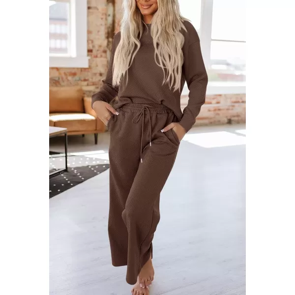 PRETTYGARDEN Womens 2 Piece Outfits Fall Casual Long Sleeve Pullover Tops and Wide Leg Pants Knitted Lounge SetsCoffee