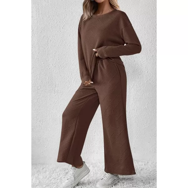 PRETTYGARDEN Womens 2 Piece Outfits Fall Casual Long Sleeve Pullover Tops and Wide Leg Pants Knitted Lounge SetsCoffee