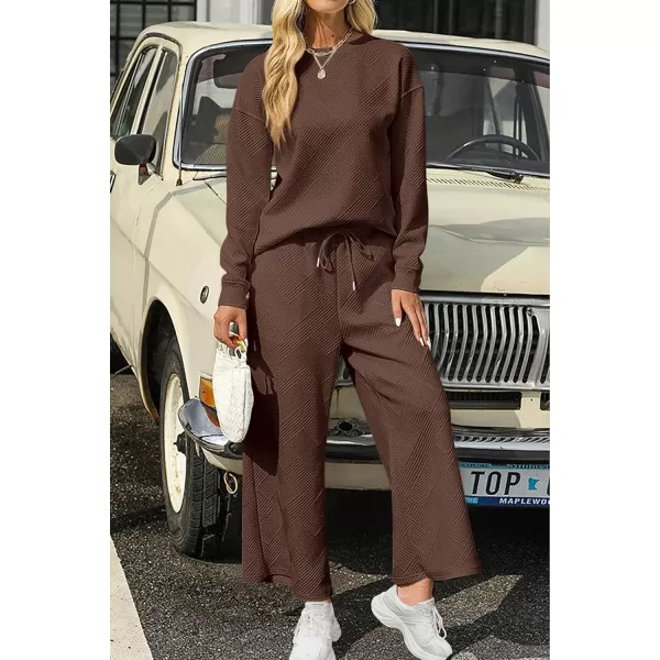 PRETTYGARDEN Womens 2 Piece Outfits Fall Casual Long Sleeve Pullover Tops and Wide Leg Pants Knitted Lounge SetsCoffee