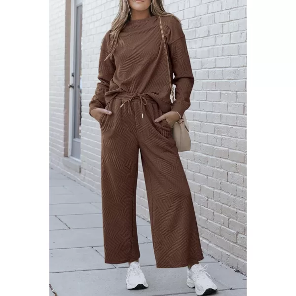 PRETTYGARDEN Womens 2 Piece Outfits Fall Casual Long Sleeve Pullover Tops and Wide Leg Pants Knitted Lounge SetsCoffee