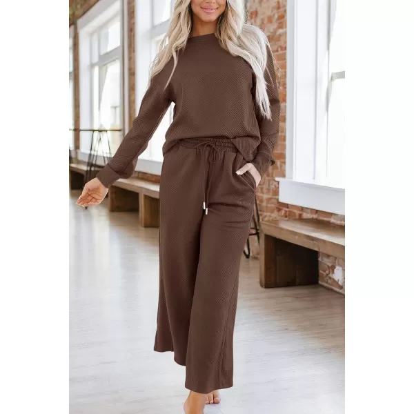 PRETTYGARDEN Womens 2 Piece Outfits Fall Casual Long Sleeve Pullover Tops and Wide Leg Pants Knitted Lounge SetsCoffee
