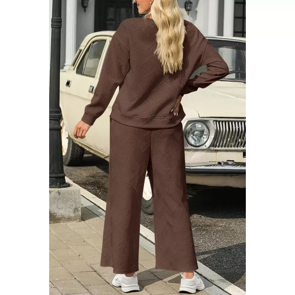 PRETTYGARDEN Womens 2 Piece Outfits Fall Casual Long Sleeve Pullover Tops and Wide Leg Pants Knitted Lounge SetsCoffee