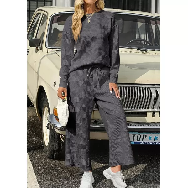 PRETTYGARDEN Womens 2 Piece Outfits Fall Casual Long Sleeve Pullover Tops and Wide Leg Pants Knitted Lounge SetsDark Grey
