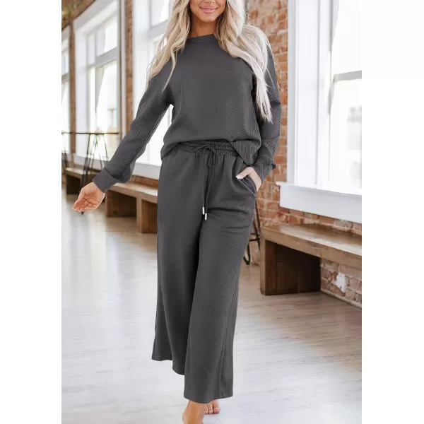 PRETTYGARDEN Womens 2 Piece Outfits Fall Casual Long Sleeve Pullover Tops and Wide Leg Pants Knitted Lounge SetsDark Grey