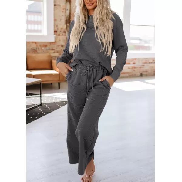 PRETTYGARDEN Womens 2 Piece Outfits Fall Casual Long Sleeve Pullover Tops and Wide Leg Pants Knitted Lounge SetsDark Grey