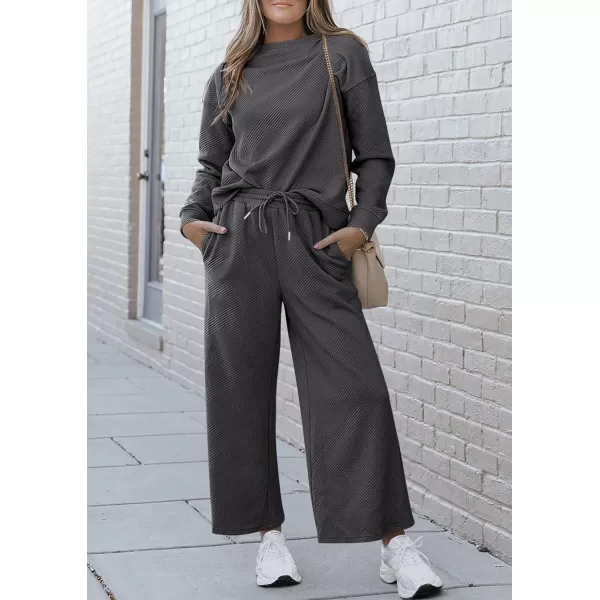 PRETTYGARDEN Womens 2 Piece Outfits Fall Casual Long Sleeve Pullover Tops and Wide Leg Pants Knitted Lounge SetsDark Grey