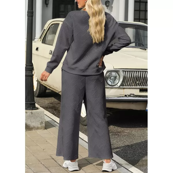 PRETTYGARDEN Womens 2 Piece Outfits Fall Casual Long Sleeve Pullover Tops and Wide Leg Pants Knitted Lounge SetsDark Grey