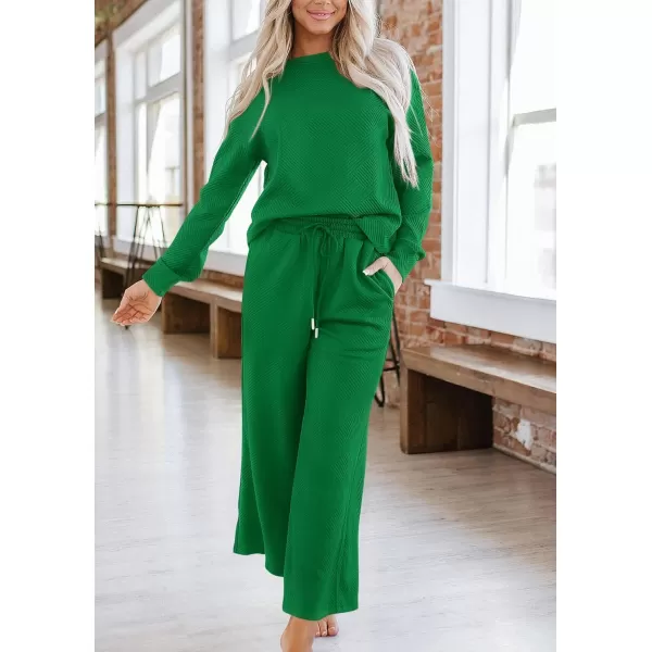 PRETTYGARDEN Womens 2 Piece Outfits Fall Casual Long Sleeve Pullover Tops and Wide Leg Pants Knitted Lounge SetsGreen
