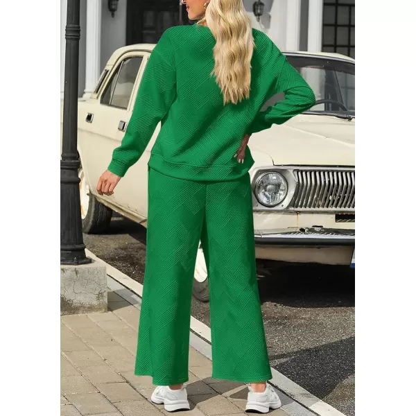 PRETTYGARDEN Womens 2 Piece Outfits Fall Casual Long Sleeve Pullover Tops and Wide Leg Pants Knitted Lounge SetsGreen