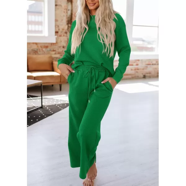 PRETTYGARDEN Womens 2 Piece Outfits Fall Casual Long Sleeve Pullover Tops and Wide Leg Pants Knitted Lounge SetsGreen