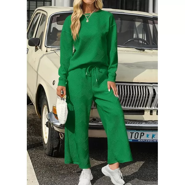 PRETTYGARDEN Womens 2 Piece Outfits Fall Casual Long Sleeve Pullover Tops and Wide Leg Pants Knitted Lounge SetsGreen