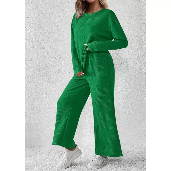 PRETTYGARDEN Womens 2 Piece Outfits Fall Casual Long Sleeve Pullover Tops and Wide Leg Pants Knitted Lounge SetsGreen