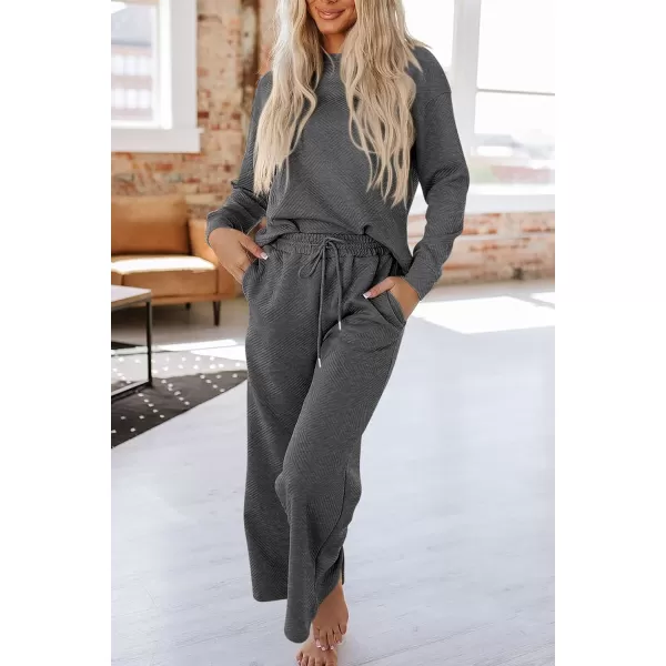 PRETTYGARDEN Womens 2 Piece Outfits Fall Casual Long Sleeve Pullover Tops and Wide Leg Pants Knitted Lounge SetsGrey