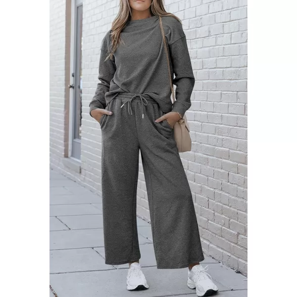 PRETTYGARDEN Womens 2 Piece Outfits Fall Casual Long Sleeve Pullover Tops and Wide Leg Pants Knitted Lounge SetsGrey