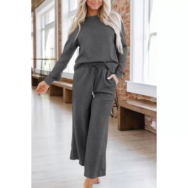 PRETTYGARDEN Womens 2 Piece Outfits Fall Casual Long Sleeve Pullover Tops and Wide Leg Pants Knitted Lounge SetsGrey