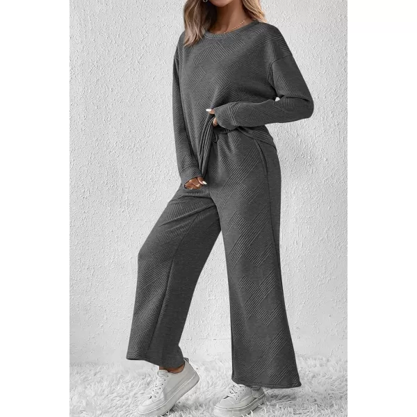PRETTYGARDEN Womens 2 Piece Outfits Fall Casual Long Sleeve Pullover Tops and Wide Leg Pants Knitted Lounge SetsGrey
