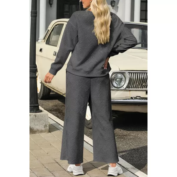 PRETTYGARDEN Womens 2 Piece Outfits Fall Casual Long Sleeve Pullover Tops and Wide Leg Pants Knitted Lounge SetsGrey