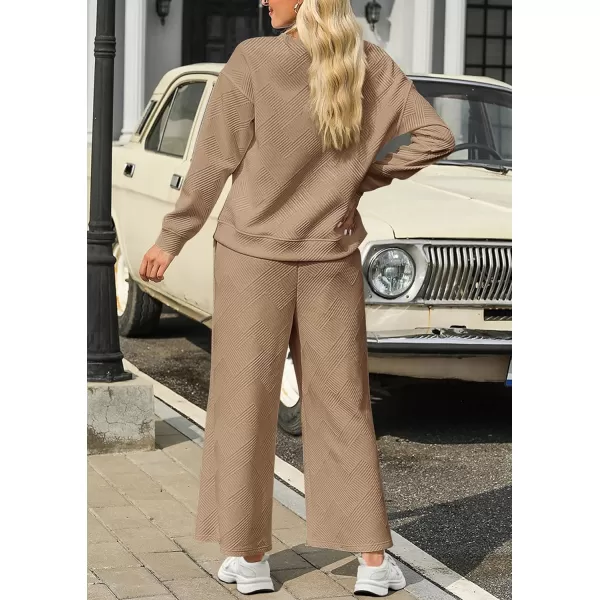 PRETTYGARDEN Womens 2 Piece Outfits Fall Casual Long Sleeve Pullover Tops and Wide Leg Pants Knitted Lounge SetsKhaki