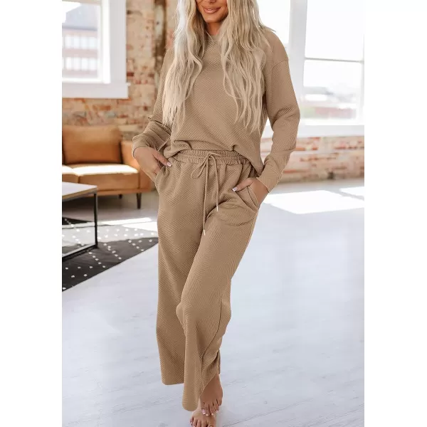PRETTYGARDEN Womens 2 Piece Outfits Fall Casual Long Sleeve Pullover Tops and Wide Leg Pants Knitted Lounge SetsKhaki