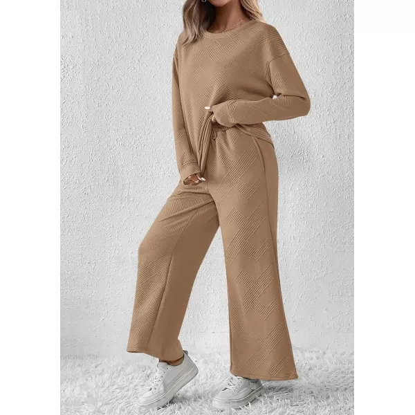 PRETTYGARDEN Womens 2 Piece Outfits Fall Casual Long Sleeve Pullover Tops and Wide Leg Pants Knitted Lounge SetsKhaki