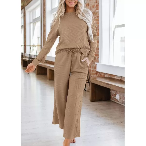 PRETTYGARDEN Womens 2 Piece Outfits Fall Casual Long Sleeve Pullover Tops and Wide Leg Pants Knitted Lounge SetsKhaki