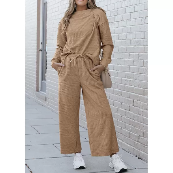 PRETTYGARDEN Womens 2 Piece Outfits Fall Casual Long Sleeve Pullover Tops and Wide Leg Pants Knitted Lounge SetsKhaki
