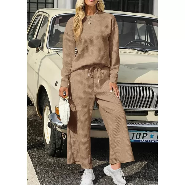 PRETTYGARDEN Womens 2 Piece Outfits Fall Casual Long Sleeve Pullover Tops and Wide Leg Pants Knitted Lounge SetsKhaki