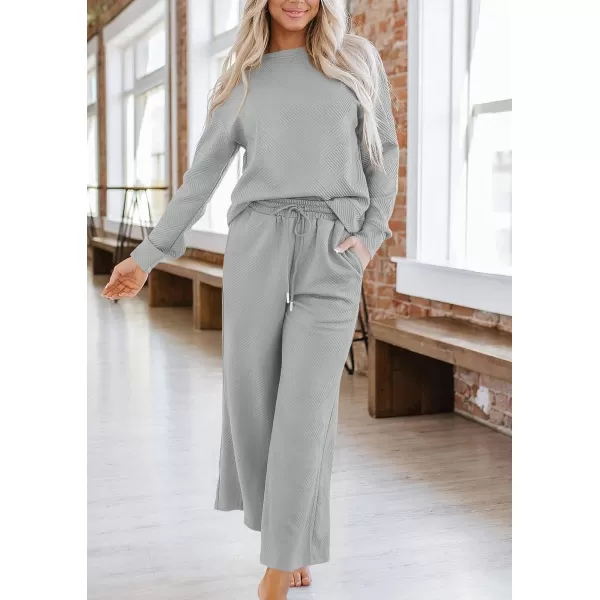 PRETTYGARDEN Womens 2 Piece Outfits Fall Casual Long Sleeve Pullover Tops and Wide Leg Pants Knitted Lounge SetsLight Grey