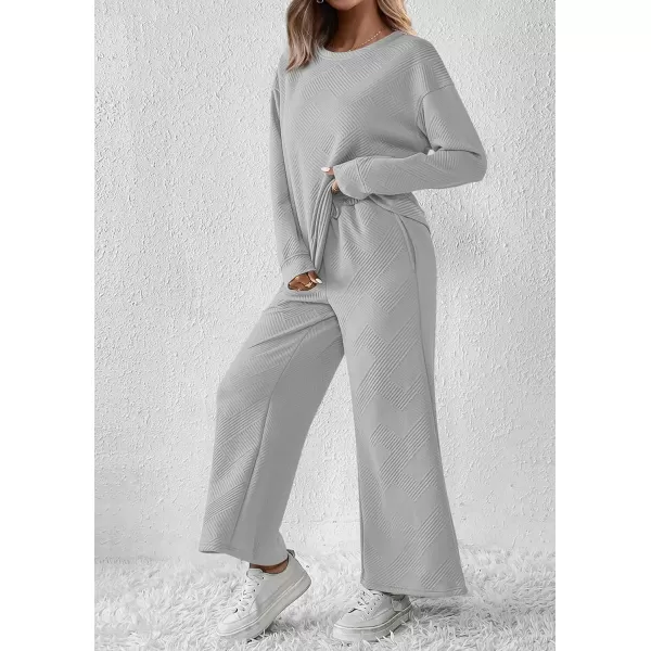PRETTYGARDEN Womens 2 Piece Outfits Fall Casual Long Sleeve Pullover Tops and Wide Leg Pants Knitted Lounge SetsLight Grey