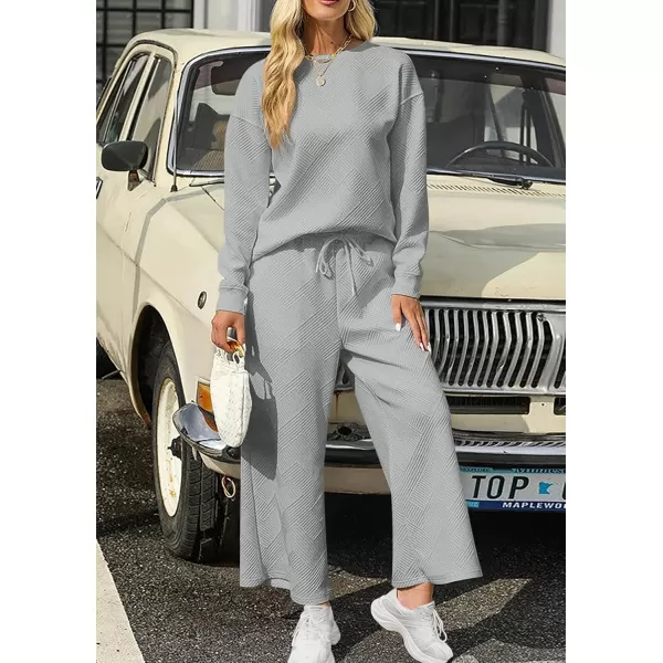 PRETTYGARDEN Womens 2 Piece Outfits Fall Casual Long Sleeve Pullover Tops and Wide Leg Pants Knitted Lounge SetsLight Grey