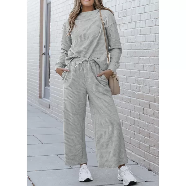 PRETTYGARDEN Womens 2 Piece Outfits Fall Casual Long Sleeve Pullover Tops and Wide Leg Pants Knitted Lounge SetsLight Grey