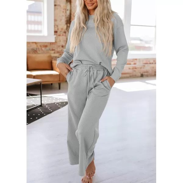PRETTYGARDEN Womens 2 Piece Outfits Fall Casual Long Sleeve Pullover Tops and Wide Leg Pants Knitted Lounge SetsLight Grey