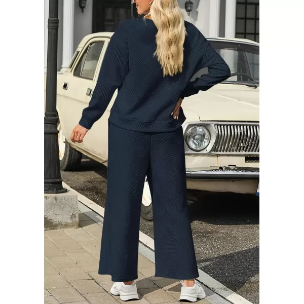 PRETTYGARDEN Womens 2 Piece Outfits Fall Casual Long Sleeve Pullover Tops and Wide Leg Pants Knitted Lounge SetsNavy
