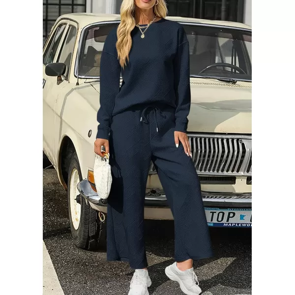 PRETTYGARDEN Womens 2 Piece Outfits Fall Casual Long Sleeve Pullover Tops and Wide Leg Pants Knitted Lounge SetsNavy
