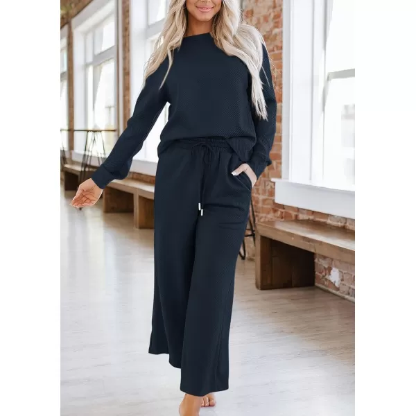 PRETTYGARDEN Womens 2 Piece Outfits Fall Casual Long Sleeve Pullover Tops and Wide Leg Pants Knitted Lounge SetsNavy