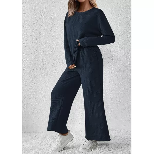 PRETTYGARDEN Womens 2 Piece Outfits Fall Casual Long Sleeve Pullover Tops and Wide Leg Pants Knitted Lounge SetsNavy