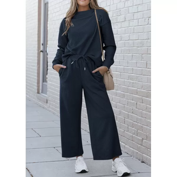 PRETTYGARDEN Womens 2 Piece Outfits Fall Casual Long Sleeve Pullover Tops and Wide Leg Pants Knitted Lounge SetsNavy