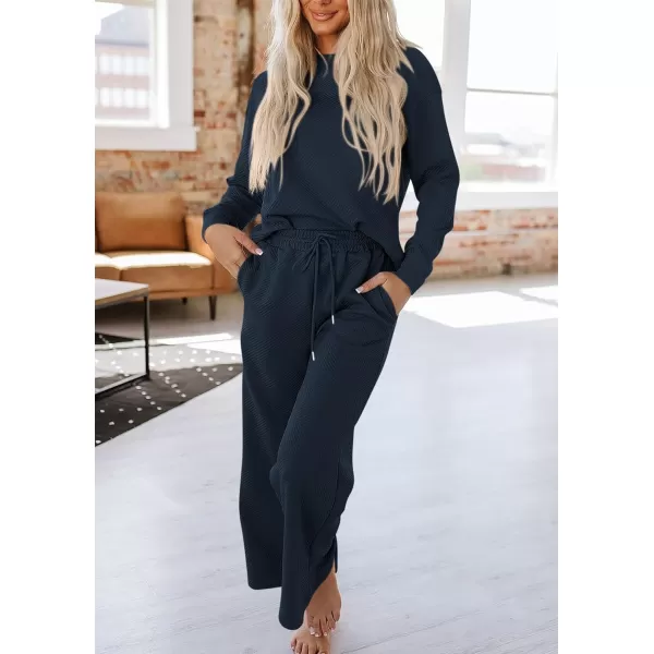 PRETTYGARDEN Womens 2 Piece Outfits Fall Casual Long Sleeve Pullover Tops and Wide Leg Pants Knitted Lounge SetsNavy