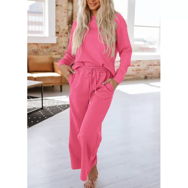 PRETTYGARDEN Womens 2 Piece Outfits Fall Casual Long Sleeve Pullover Tops and Wide Leg Pants Knitted Lounge SetsPink