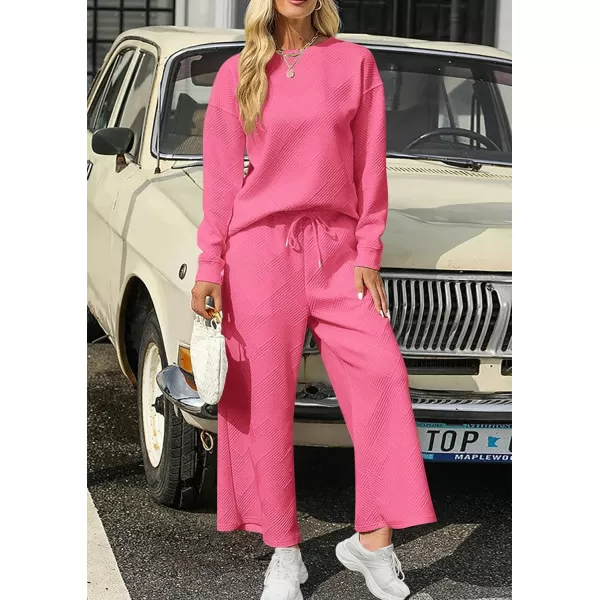 PRETTYGARDEN Womens 2 Piece Outfits Fall Casual Long Sleeve Pullover Tops and Wide Leg Pants Knitted Lounge SetsPink