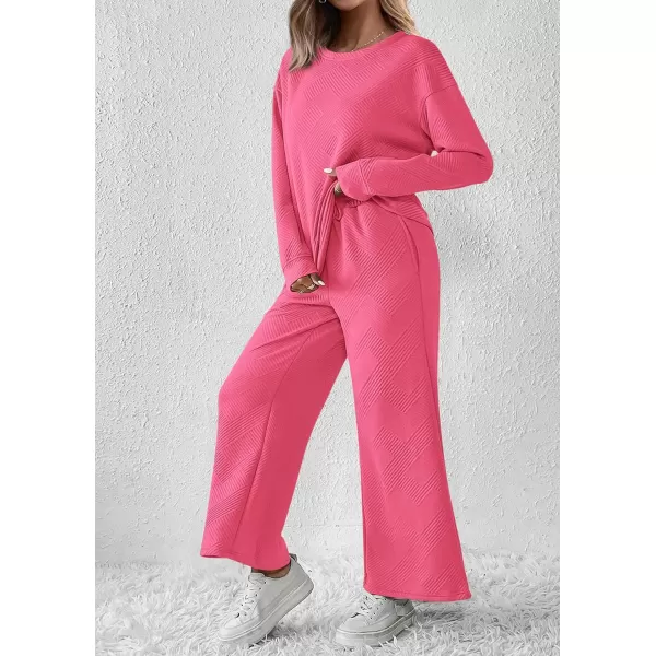 PRETTYGARDEN Womens 2 Piece Outfits Fall Casual Long Sleeve Pullover Tops and Wide Leg Pants Knitted Lounge SetsPink