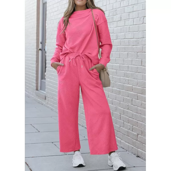 PRETTYGARDEN Womens 2 Piece Outfits Fall Casual Long Sleeve Pullover Tops and Wide Leg Pants Knitted Lounge SetsPink