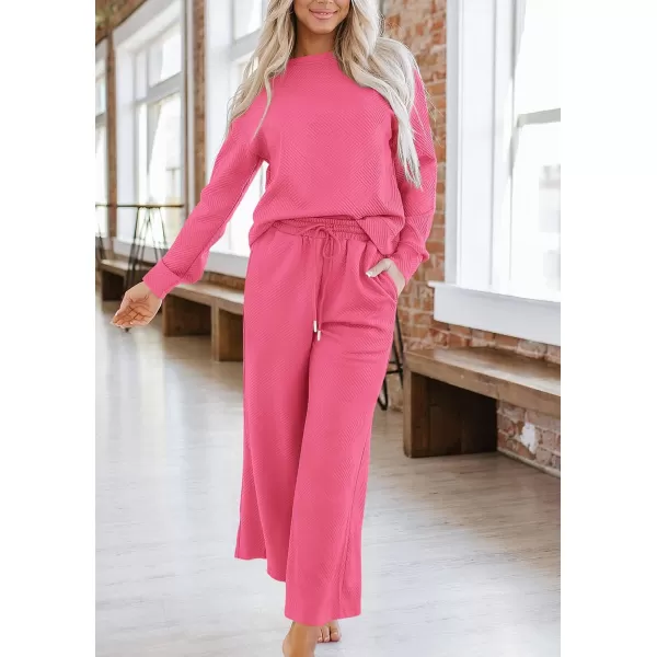 PRETTYGARDEN Womens 2 Piece Outfits Fall Casual Long Sleeve Pullover Tops and Wide Leg Pants Knitted Lounge SetsPink